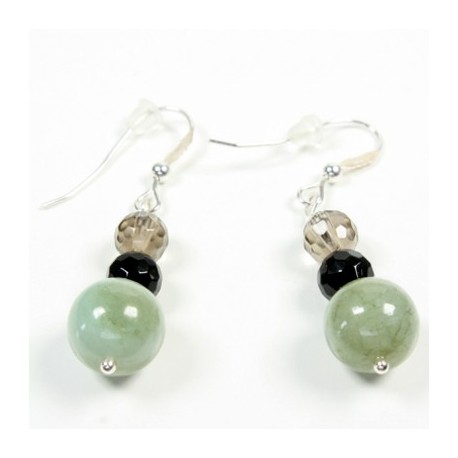 Boucle d'oreille argent massif 925 Jade Onyx et quartz fumé 