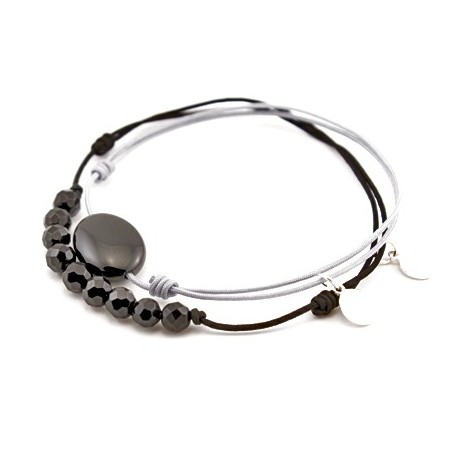 Ensemble 2 bracelets cordon noir 12 Onyx facettés et une pierre onyx galet cordon gris pendant argent 