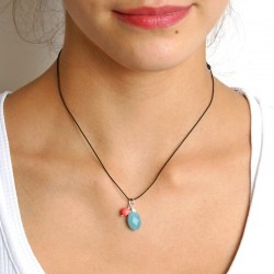 Collier cordon 1 amazonite facettée et un corail rose fermoir argent massif