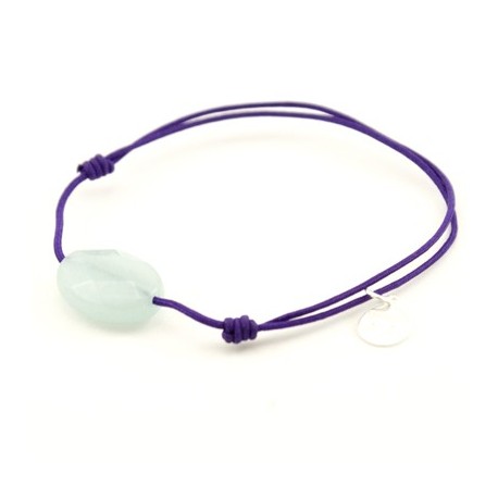 Bracelet jade bleu facetté cordon violet pendant argent massif