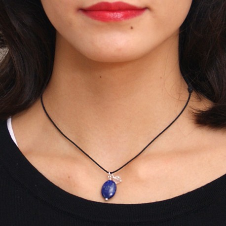 Collier cordon noir Lapis lazuli fermoir argent massif