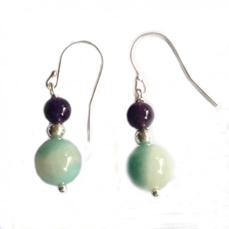 Boucles d'oreilles argent massif 925 amazonite apatite et quartz rose