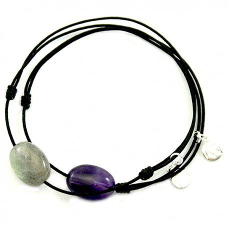 Ensemble 2 bracelets cordon noir labradorite et noir améthyste