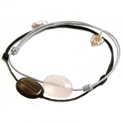Ensemble 2 bracelets cordon noir quartz fumé / gris quartz rose