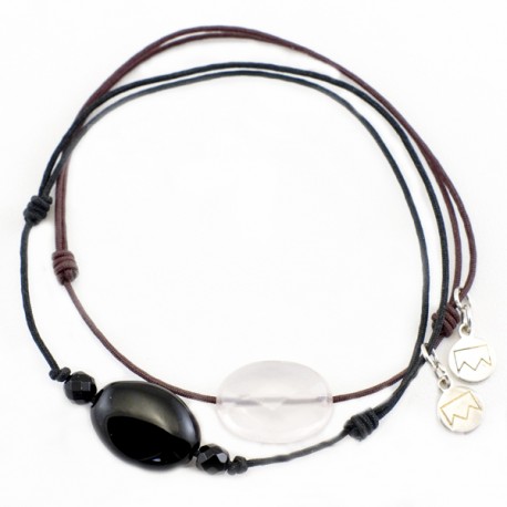 Ensemble 2 bracelets cordon marron quartz rose facetté et noir 3 onyx