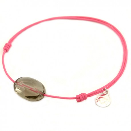 Bracelet cordon fushia quartz fumé facetté pendant argent massif