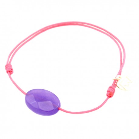 Bracelet jade violet facetté cordon fushia pendant argent massif