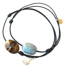 Ensemble 2 bracelets cordon noir 1 labradorite et noir 3 cristal de roches