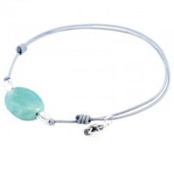 Bracelet 3 pierres amazonite et cristal de roche cordon gris pendant argent massif