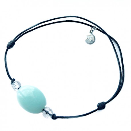 Bracelet 3 pierres amazonite et cristal de roche cordon noir pendant argent massif