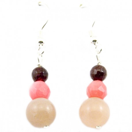 Boucles d'oreilles argent massif 925 Pierre de lune, corail rose et grenat 