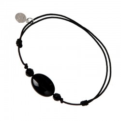 Bracelet 3 pierres onyx cordon noir pendant argent massif 925