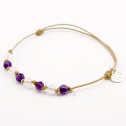 Bracelet 8 pierres Améthystes et Quartz roses cordon gold