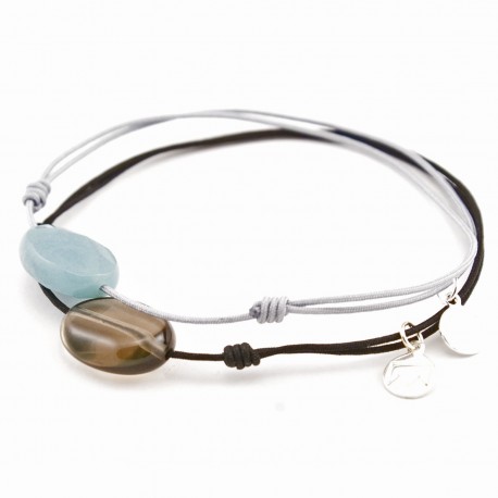 Ensemble 2 bracelets cordon noir quartz fumé / gris jade bleu