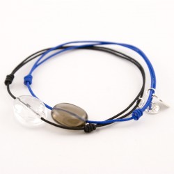 Ensemble 2 bracelets cordon bleu quartz fumé / cristal de roche facetté cordon noir