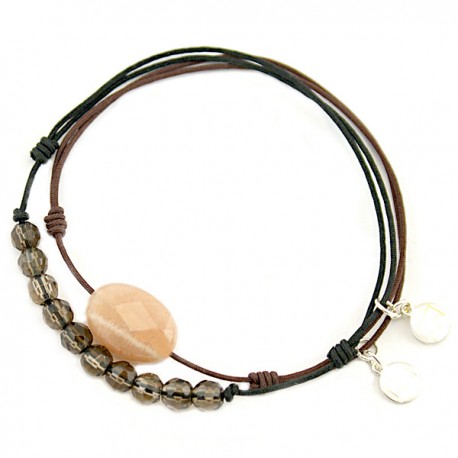 Ensemble 2 bracelets cordon noir quartz fumés et marron pierre de lune facettée