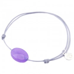 Bracelet jade violet facetté cordon gris pendant argent 925 massif 925