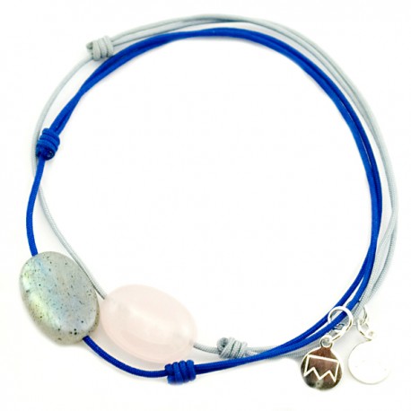 Ensemble 2 bracelets cordon bleu labradorite et cordon gris quartz rose